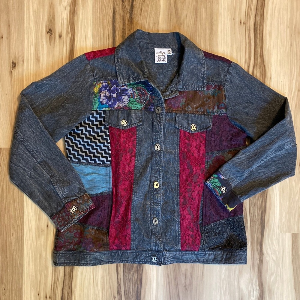 Parsley & Sage Patchwork Denim Style Jacket Womens Medium Mixed Media Lace Boho